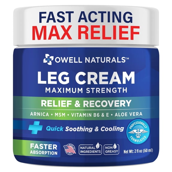 Owell Naturals Legs Relief Cream, 2 Oz, Cream For Leg Pain, Fast Absorbing, Cooling Formula, Made In USA