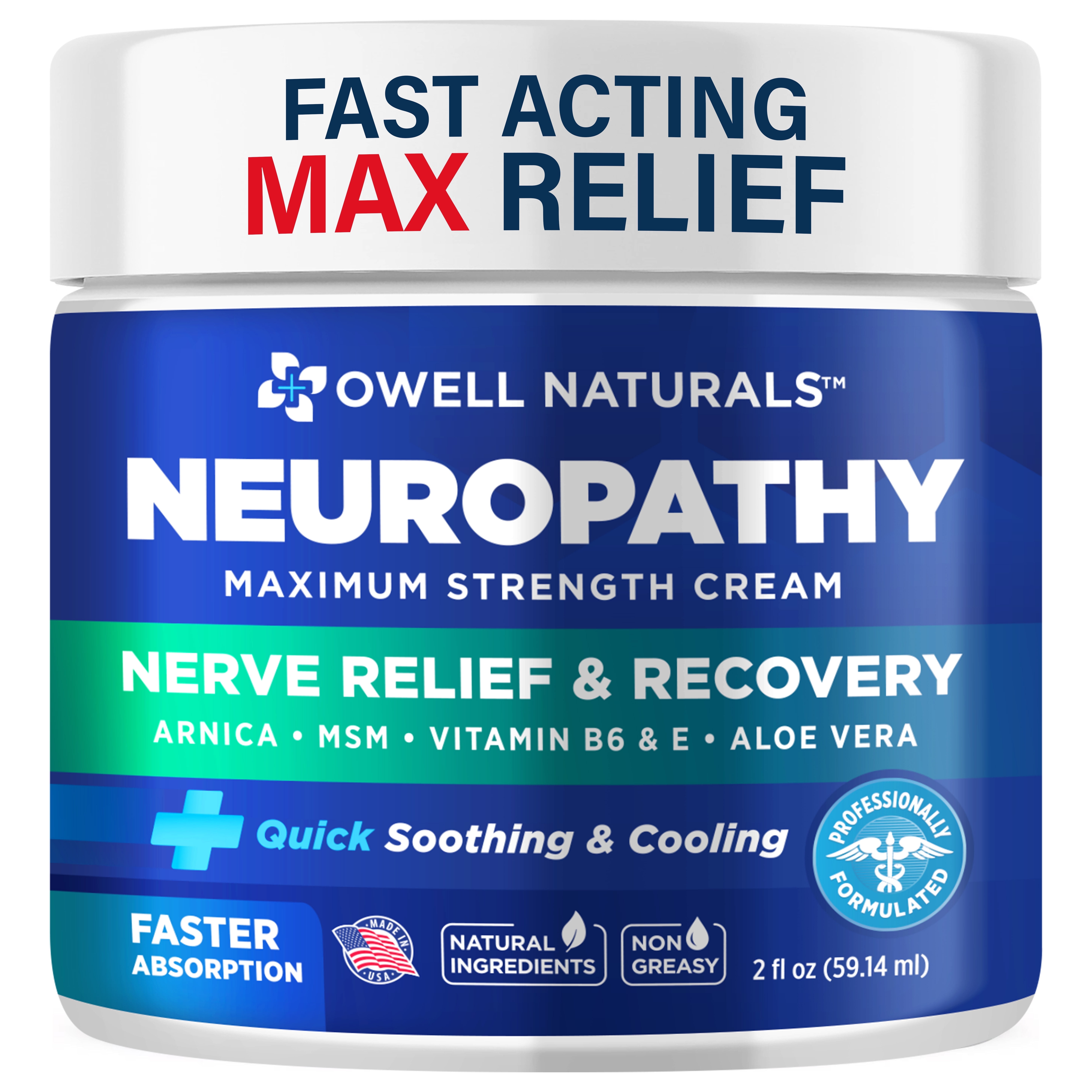 OWELL NATURALS Neuropathy Nerve Relief Cream Soothing & Calming for Aching Foot, Hands, Legs, Toes - 100% Natural - Made in The USA