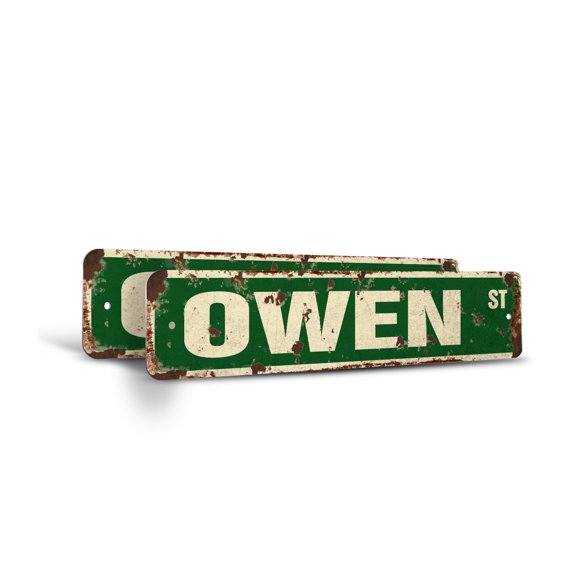 OWEN Vintage Style Rustic Street Sign – (2 Pack) Childrens Name Room Sign Retro Decorative Wall Sign for Home, Bar, Garage, or Outdoor Use | 4" X 18" Aluminum Metal Road Sign