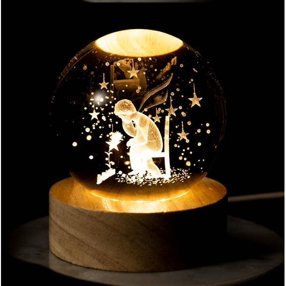 OWIKOL 60mm Crystal Ball with LED Light Stand - 3D Laser Etched Figurine Glass Sphere Decor Gift (The Little Prince in Deep Thought)