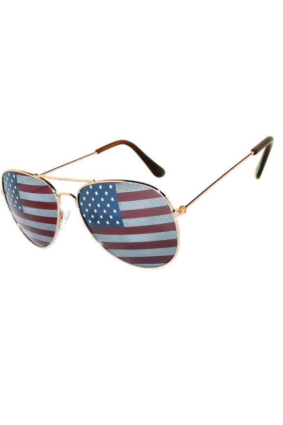 Aviator Sunglasses Gold Metal Frame USA Flag Lens for Men and Women