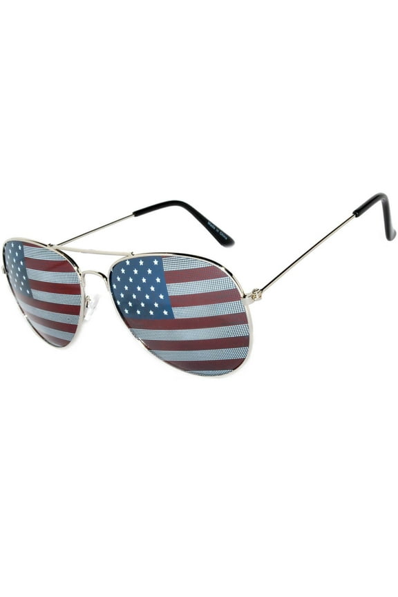 Aviator Sunglasses Silver Metal Frame USA Flag Lens for Men and Women