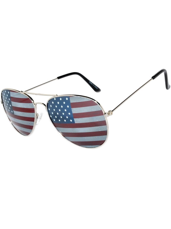 Aviator Sunglasses Silver Metal Frame USA Flag Lens for Men and Women