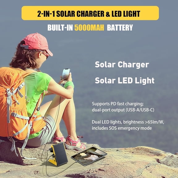 OWL-CSP Upgraded 2-in-1 Solar Emergency Lantern & Portable Solar Charger, Rechargeable LED Camping Light with 18W PD Fast Charging, 4 Modes & SOS for Power Outages & Outdoor Use (Yellow)