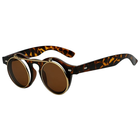 OWL Flip Up Sunglasses Gold Leopard Brown Round Glasses for Men and Women