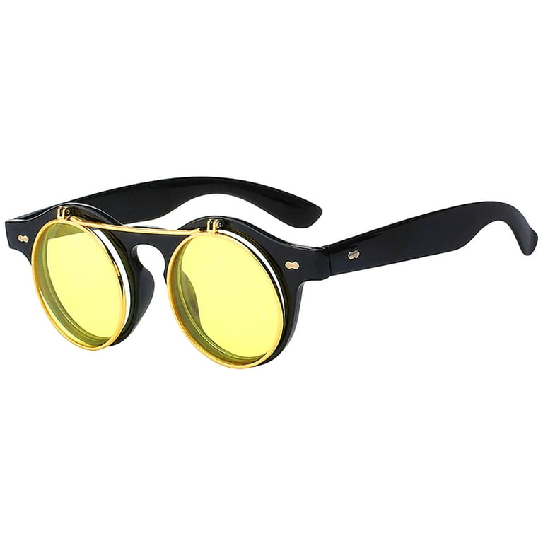 OWL Flip Up Sunglasses Silver Yellow Round Glasses for Men and