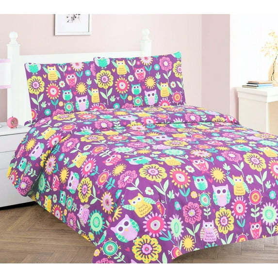 Owl Purple New 4Pc Full Colorful Soft & Vibrant Printed Pattern Microfiber Bedding Sheet Set Flat sheet, Fitted sheet, and 2 Pillowcases