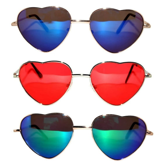 OWL Heart Shaped Sunglasses Blue and Red Lenses Womens Love Themed Accessories 3 Pack