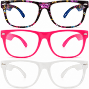OWL Kids Blue Light Blocking Glasses for Boys & Girls, Clear Lens, Black Floral Pink Clear, 3 Pack