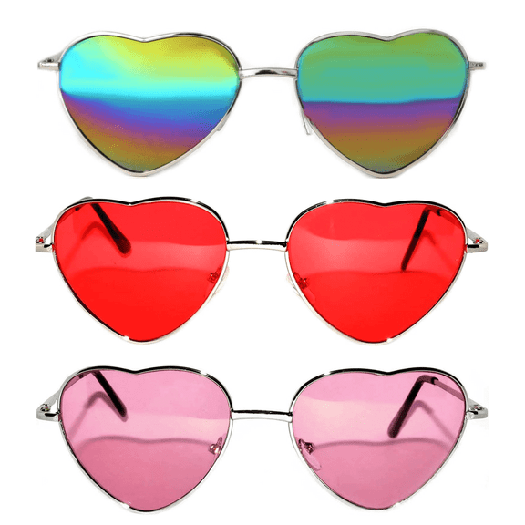 OWL Sunglasses Heart Shaped Aviator Metal Frame for Women Multicolor Red Pink Tint Lens 3 Pack