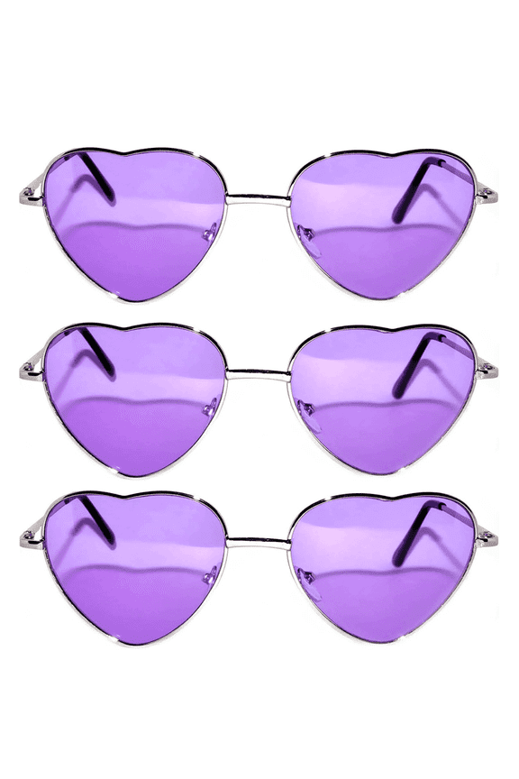 Womens Heart Shaped Sunglasses Purple Tint Colored Lens for Bridal Party 3 Pack