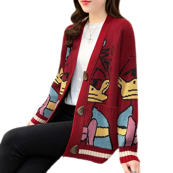 OWLCE Donald Duck Long Sleeve Autumn Winter Cardigan Jumper Tops Turtleneck Pullovers Casual Sweaters Women Loose Sweater Girl Red for 88-155LB