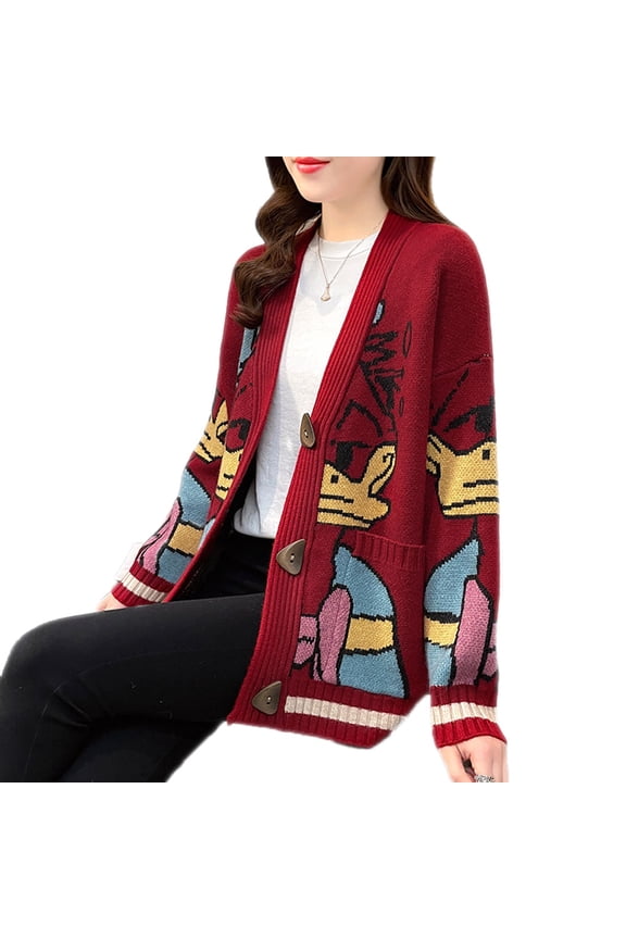Donald Duck Long Sleeve Autumn Winter Cardigan Jumper Tops Turtleneck Pullovers Casual Sweaters Women Loose Sweater Girl Red for 88-155LB