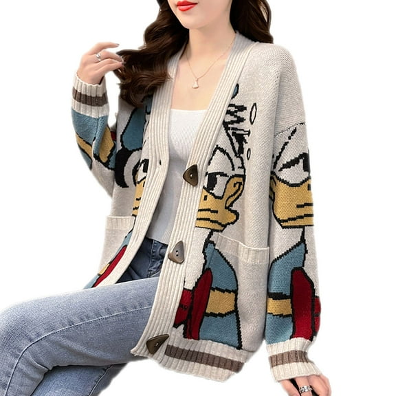OWLCE Sweaters for Women , Donald Duck Long Sleeve Autumn Winter Cardigan Jumper Tops Turtleneck Pullovers Casual Sweaters Women Loose Sweater Girl Women , White Suitable for Women Girls 88-155LB