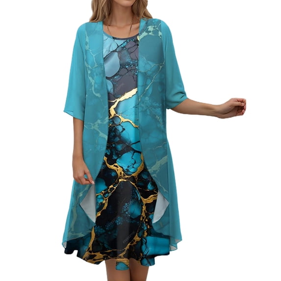 OWLCE Women Comfy Round Neck Sleeveless Floral Print Long Chiffon Dress with Solid Cardigan Coat Two-Piece Sets Elegant Wedding Guest Flowy Dresses