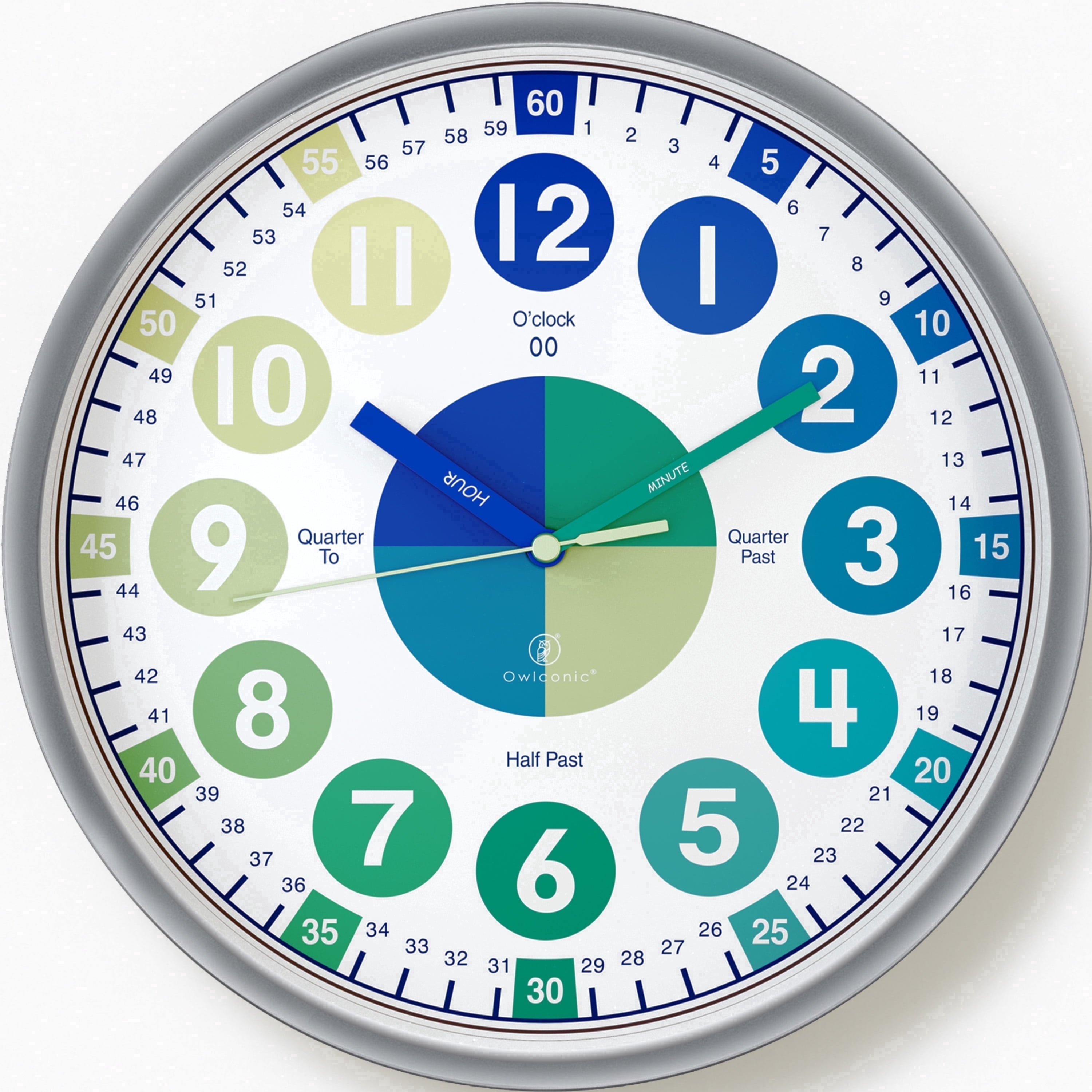 Owlconic® Kids Learning Wall Clock, Silent Analog Teaching Clock, 10 Inch, Blue Green