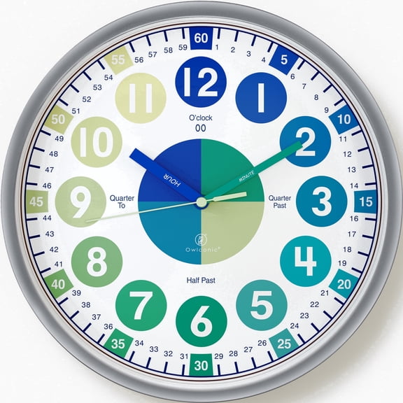 Owlconic® Kids Learning Wall Clock, Silent Analog Teaching Clock, 10 Inch, Blue Green