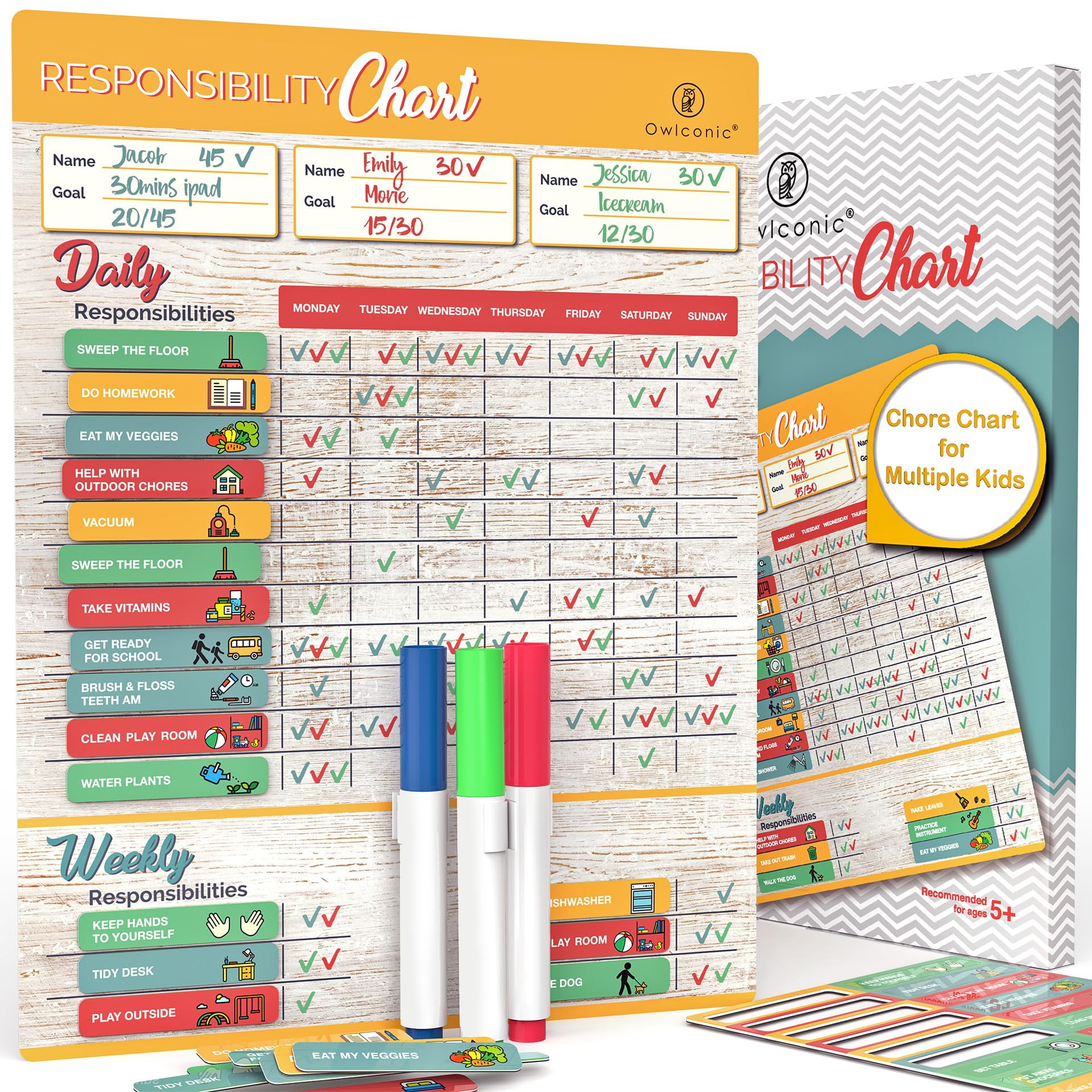 OWLCONIC Magnetic Reward Responsibility Chore Chart for Multiple Kids.