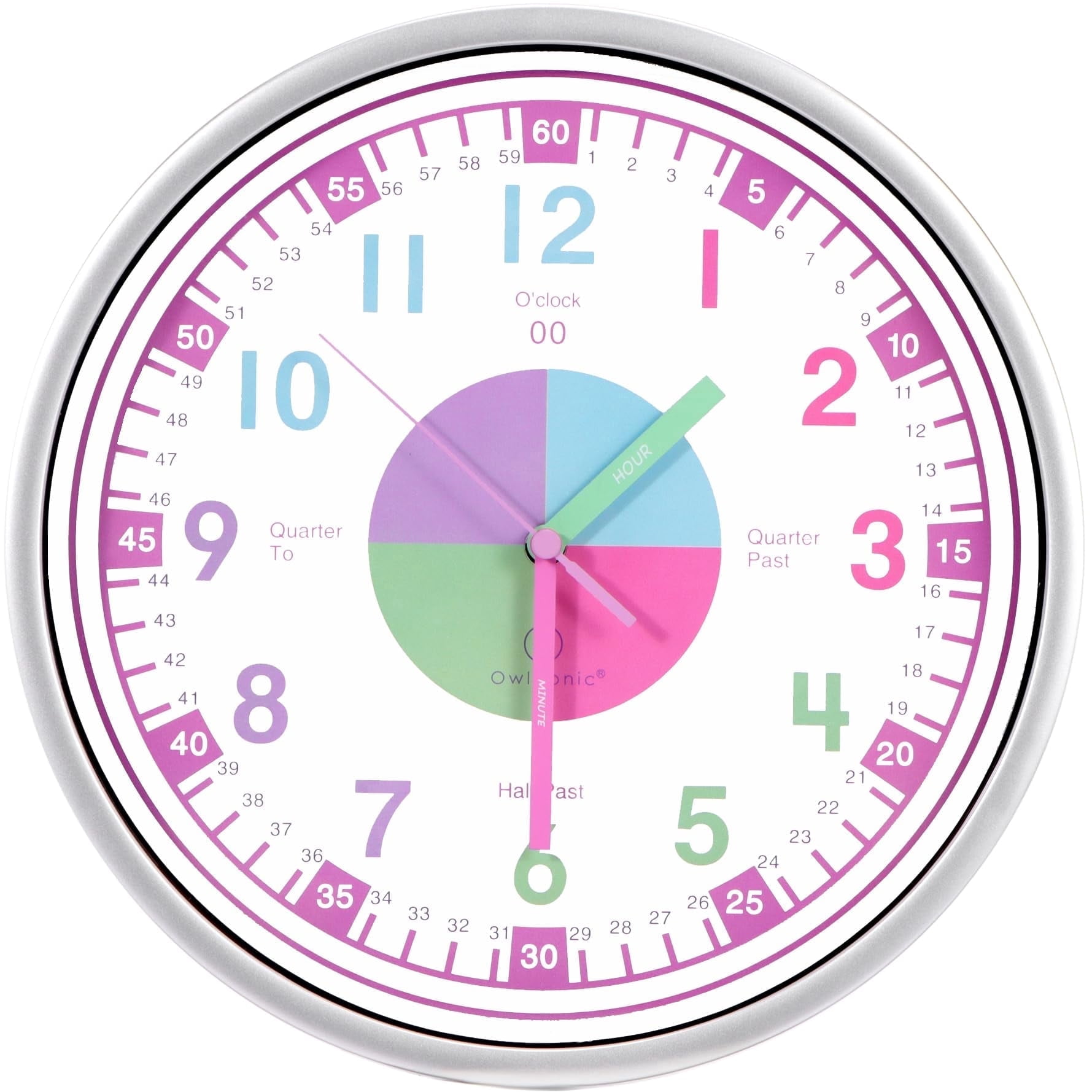 Owlconic® Kids Learning Wall Clock, Silent Analog Teaching Clock, 10 Inch, Pastel