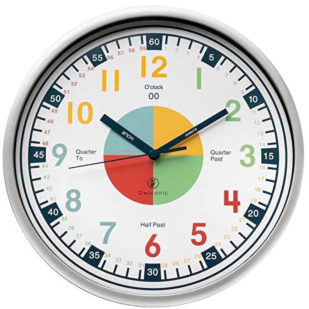Owlconic® Kids Learning Wall Clock, Silent Analog Teaching Clock, 10 Inch, Multicolor