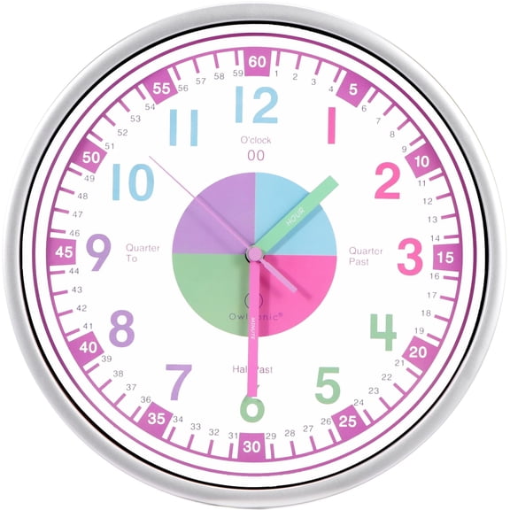 Owlconic® Kids Learning Wall Clock, Silent Analog Teaching Clock, 10 Inch, Pastel