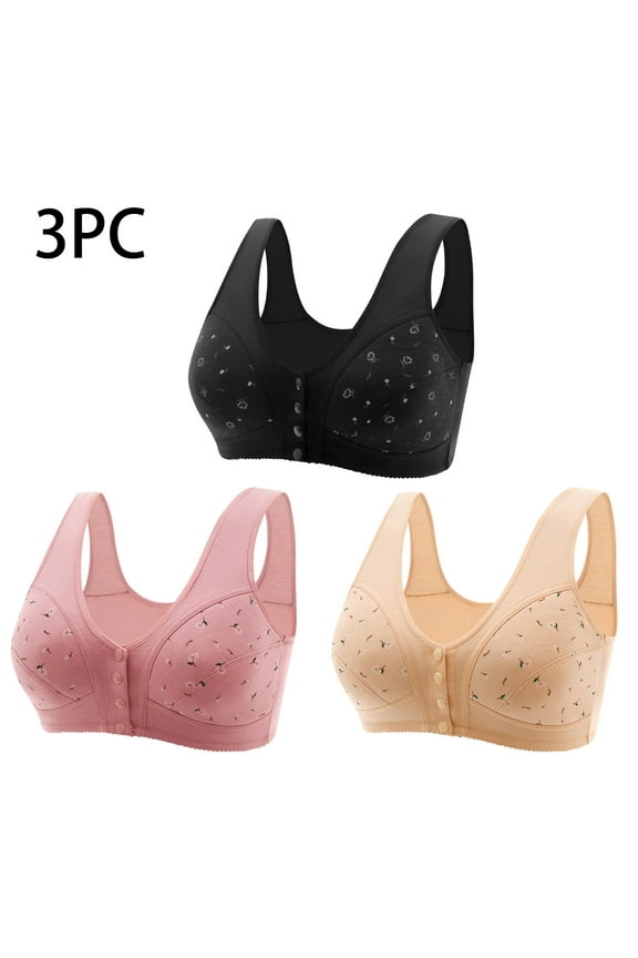 3 Pack Plus Size Daisy Bras for Older Lady Front Close Wireless Wide Back Bra