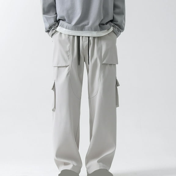 OWMEOT Baggy Cargo Pants Mens Wide Leg Sweatpants Multi-pocket Drawstring Hiking Hip Hop Pants Loose Fit Lightweight Workwear
