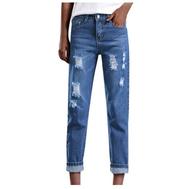 OWMEOT Boyfriend Stretchy Jeans for Women - Distressed Frayed Ankle Length High Waisted Trendy Denim Blue Jeans