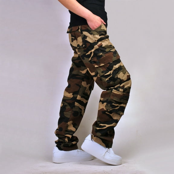OWMEOT Camo Cargo Pants for Men Outdoor Camouflage Tactical Combat Pants Washed Cotton Straight-Legs Hiking Pants with 8 Pockets