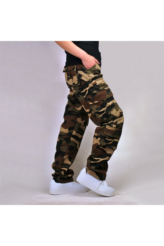 Camo Cargo Pants for Men Outdoor Camouflage Tactical Combat Pants Washed Cotton Straight-Legs Hiking Pants with 8 Pockets