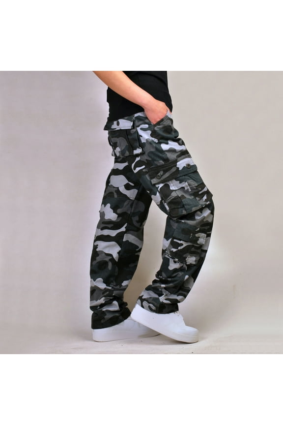 Camo Cargo Pants for Men Outdoor Camouflage Tactical Combat Pants Washed Cotton Straight-Legs Hiking Pants with 8 Pockets
