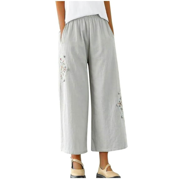 OWMEOT Cotton Linen Wide Leg Pants for Women Plus Size Flowy Palazzo Pants Baggy Lounge Breathable Culottes with Pockets