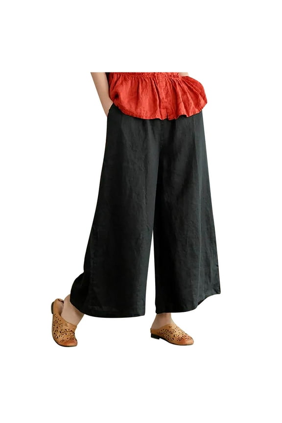 Cotton Linen Wide Leg Pants for Women Plus Size Flowy Palazzo Pants Baggy Lounge Breathable Culottes with Pockets