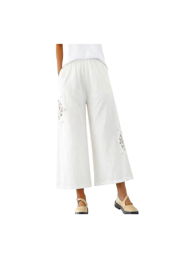 Cotton Linen Wide Leg Pants for Women Plus Size Flowy Palazzo Pants Baggy Lounge Breathable Culottes with Pockets