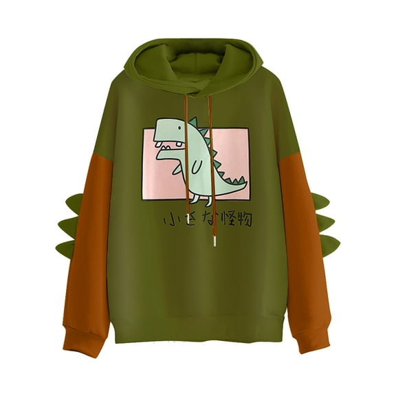 OWMEOT Cute Graphic Hoodie for Women Drop Shoulder Dinosaur Long Sleeves Hooded Sweatshirt Kawaii Pullover Tops Y2k Clothes