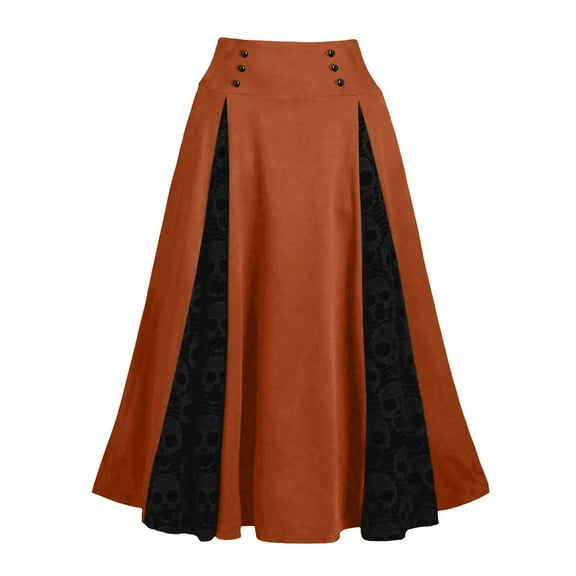 OWMEOT Halloween Women's Vintage Gothic Skirts Spliced Skull Lace Steampunk Style Hippie Pirate Skirt