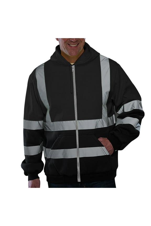 High Visibility Hoodies Reflective Strips Full-Zip Hooded Sweatshirts Hi Vis Long Sleeve Work Pullover Shirts with Pockets