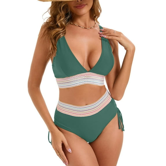 OWMEOT High Waisted Bikini Sets for Women Summer Color Block Tummy Control Swimsuits Drawstring Two Piece Bathing Suit for Beach