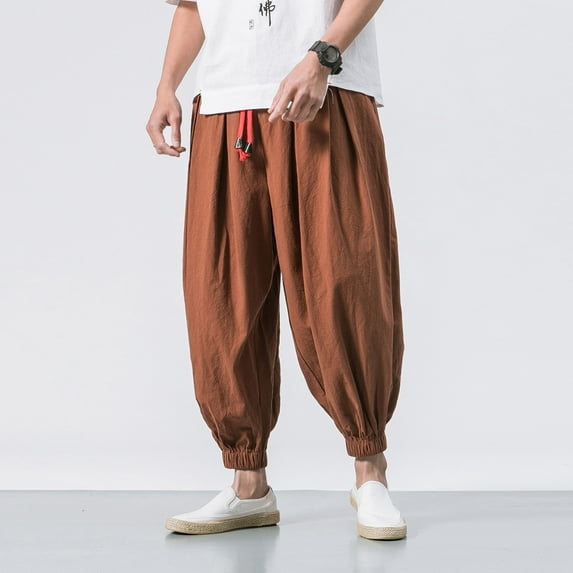 OWMEOT Hip Hop Harem Pants for Men Cotton Linen Aladdin Hippie Pants Comfy Oversized Tapered Baggy Trousers