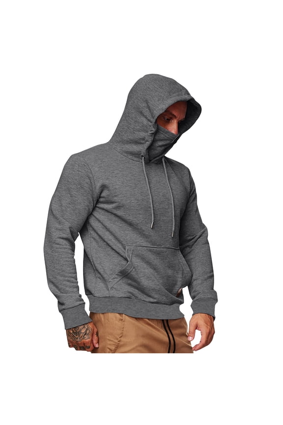 Hoodies for Men Solid Face Cover Sweatshirts Built In Face Mask Long Sleeve Hoodie Tops with Front Pocket