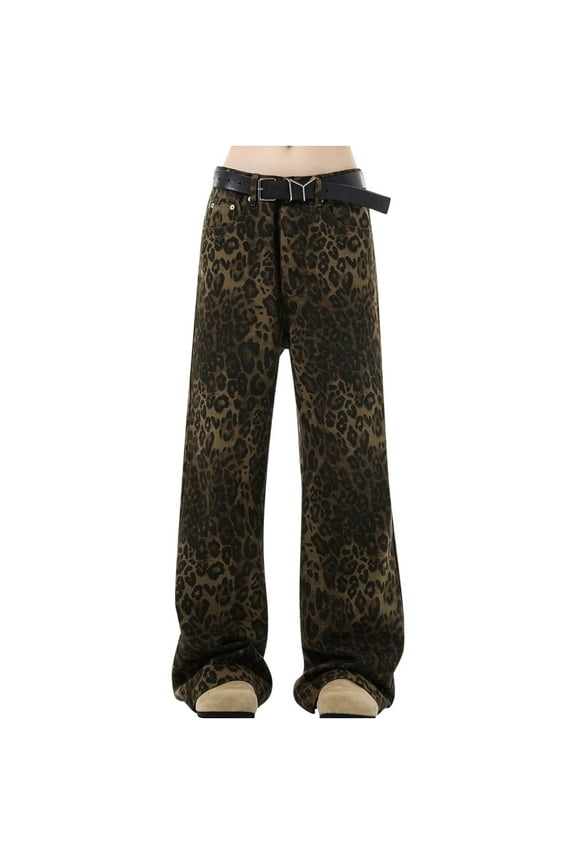 Leopard Jeans for Women Y2k Hip Hop Wide Leg Denim Pants Full Length High Waisted Belted Baggy Trousers Streetwear