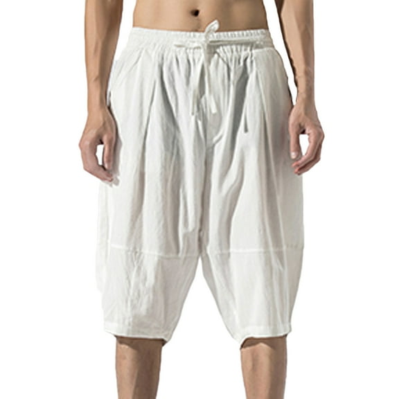 OWMEOT Men's Capri Pants Summer Cotton Linen Travel Shorts Outdoor Casual Short Comfortable Vacation Beach Shorts