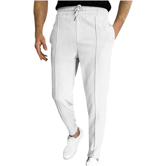 OWMEOT Men's Casual Pants Waffle Knit Textured Drawstring Sweatpants Slim Fit Tapered Trousers with Pockets