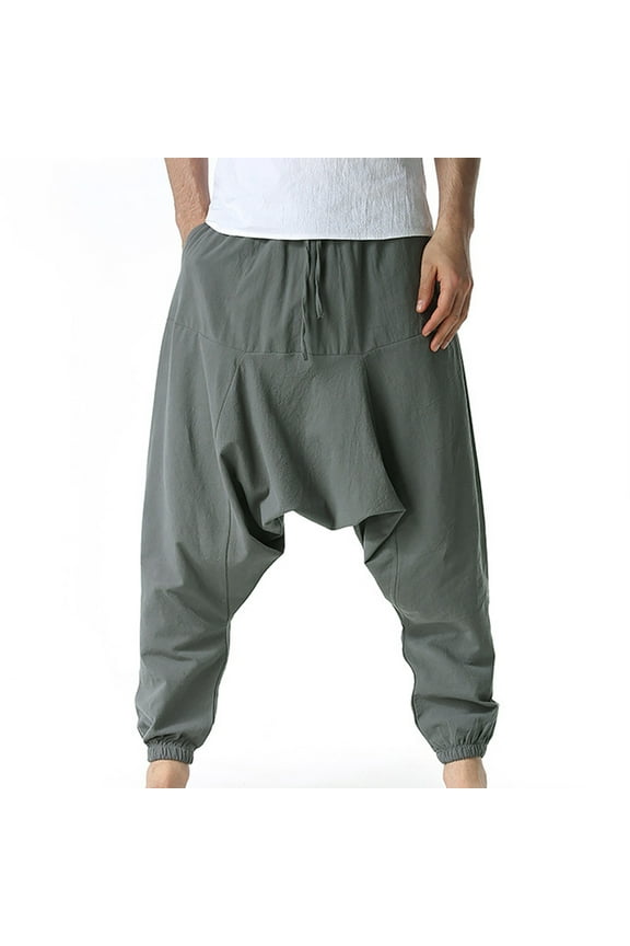 Men's Cotton Linen Harem Pants Loose Drop Crotch Trousers Aladdin Hippie Pants Casual Fashion Streetwear