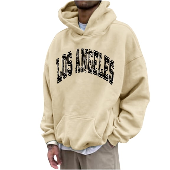 OWMEOT Men's Fleece Hoodies LOS ANGELES Printed Hoodie Pullover Tops Casual Letter Hooded Sweatshirts with Pocket