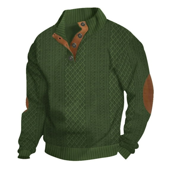 OWMEOT Men's Plaid Jacquard Sweatshirt 1/4 Button Stand Collar Long Sleeve Pullover Sweatshirts with Elbow Pad Design