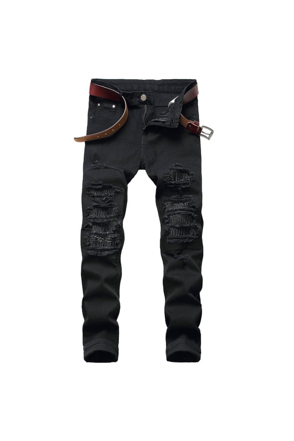 Men's Ripped Jeans Distressed Destroyed Slim Fit Mid Waist Straight Leg Denim Pants