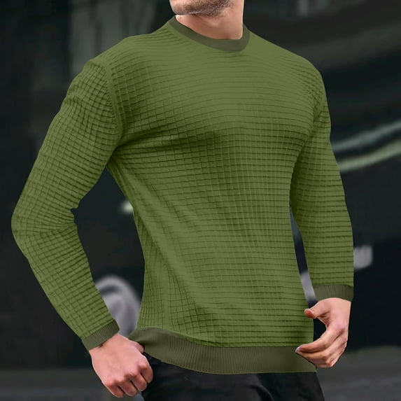 OWMEOT Men's Waffle Sweatshirts Muscle Long Sleeve T-Shirt Crew Neck Workout Bodybuilding Casual Pullover Shirts