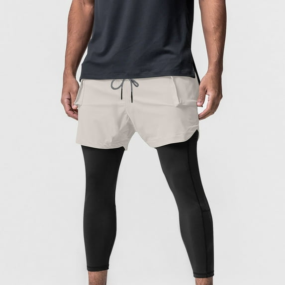 OWMEOT Mens 2 in 1 Running Sweatpants Athletic Shorts with Capri Leggings Lined, Workout Shorts with Zip Pockets and Towel Loop