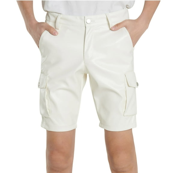 OWMEOT Mens 5 Inch Cargo Shorts Fashion PU Leather Outdoor Shorts Casual Multi-Pockets Travel Shorts Eye-Catching Vacation Shorts